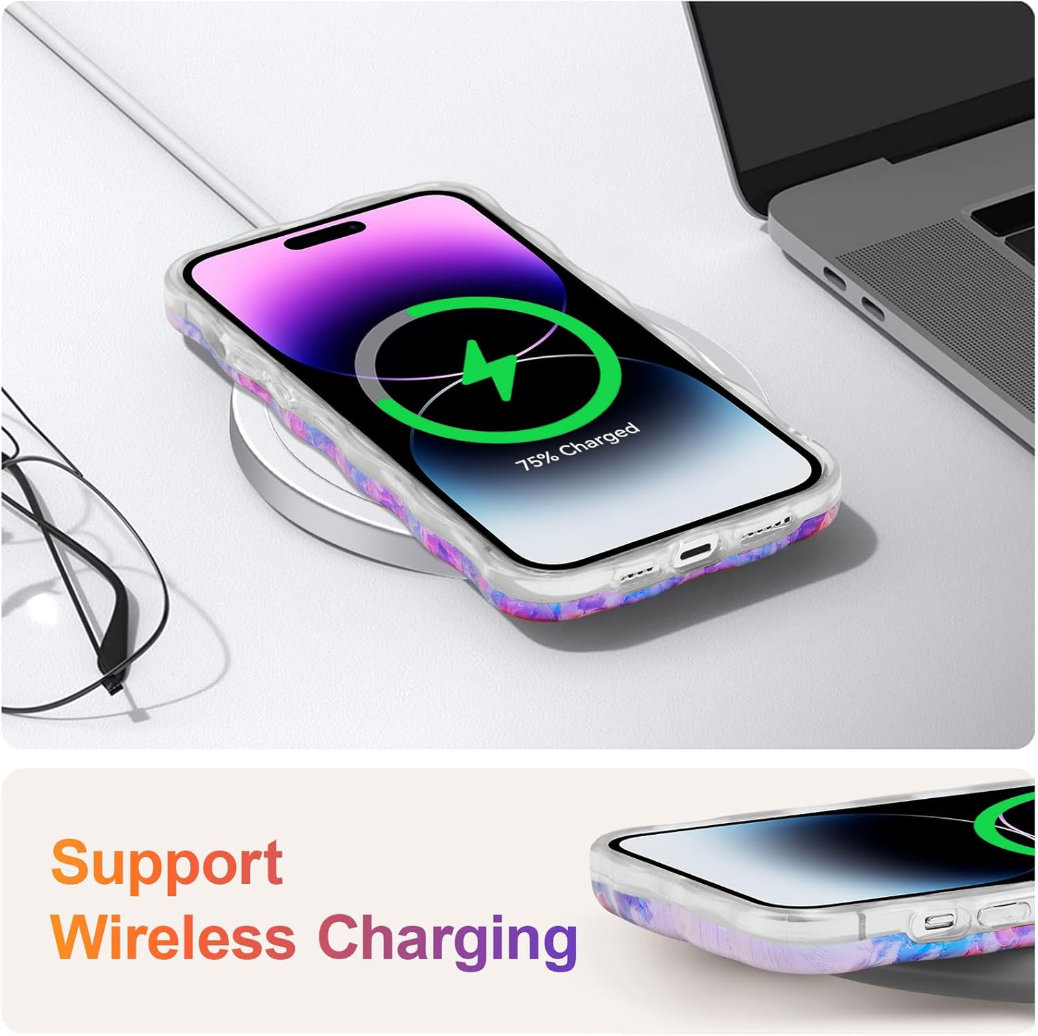 EYZUTAK Funda para iPhone 12 Pro Max, colorida pintura al óleo retro impresa flor patrón brillante láser lindo borde ondulado rizado exquisita