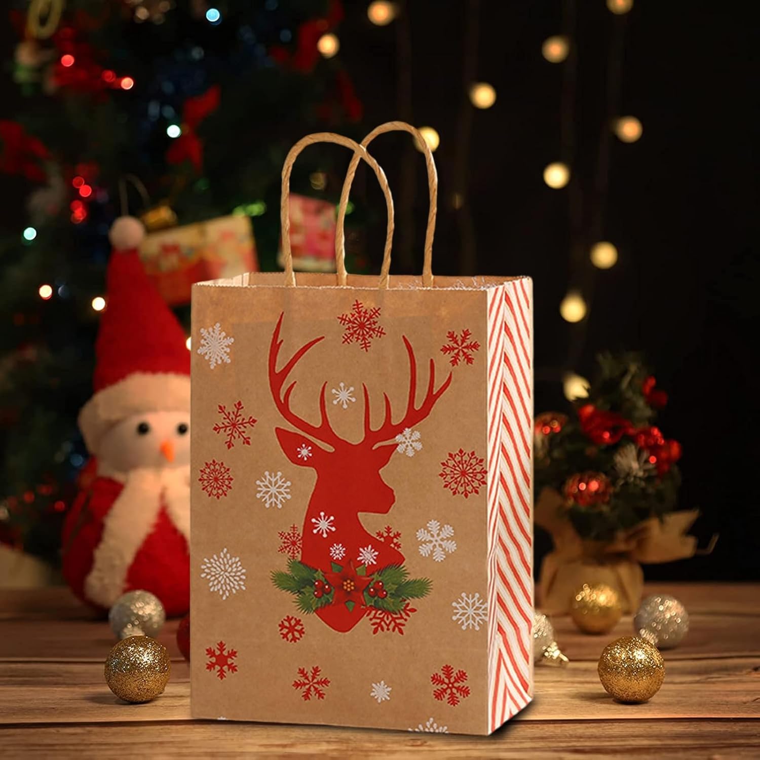 Tainrunse 12 bolsas de papel kraft con asa, trineo de alce, sombrero de árbol, patrón reutilizable, golosina, regalo, bolsas de embalaje A 10.6 in