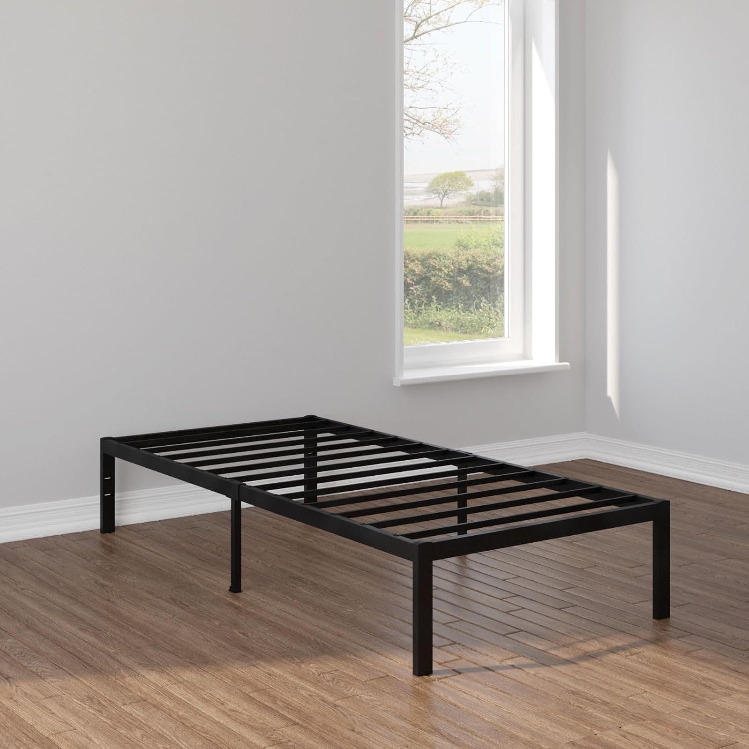 CastleBeds – Marco de cama minimalista de hierro negro tamaño individual con cabecero y barra forjada, base de plataforma de metal de acero