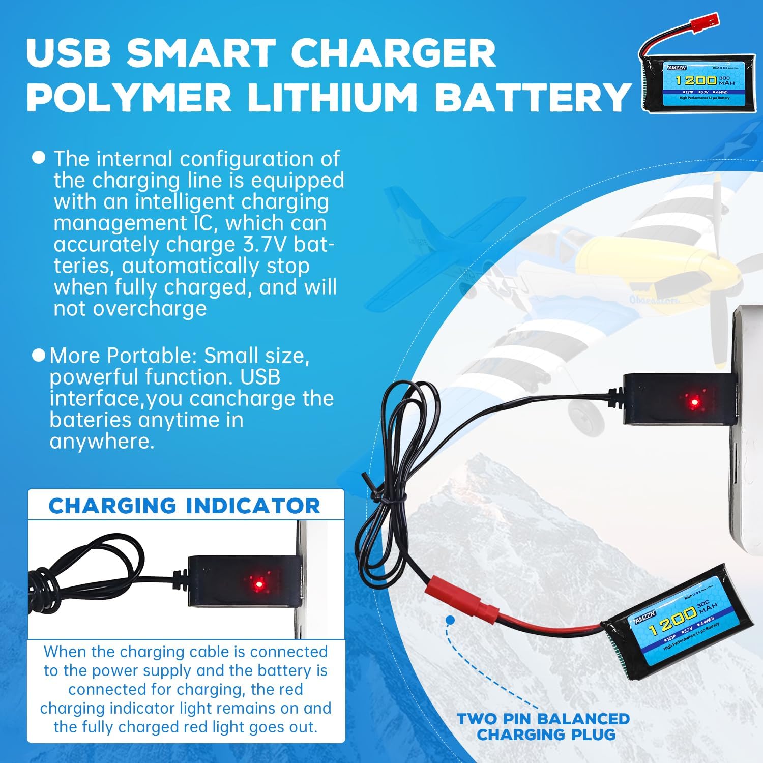 Batería Lipo de 3.7 V 1200 mAh 30C con cable de carga USB, enchufe JST para MJX T04 T05 T25 X900 X9TW V2400HD V2450FPV V2450GPS RC Drone Accesorios