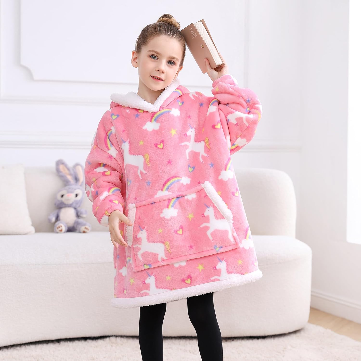 Manta con capucha para niños, súper cálida y suave, manta de franela Sherpa con bolsillo gigante, manta con capucha para regalos de niñas de 2 a 6