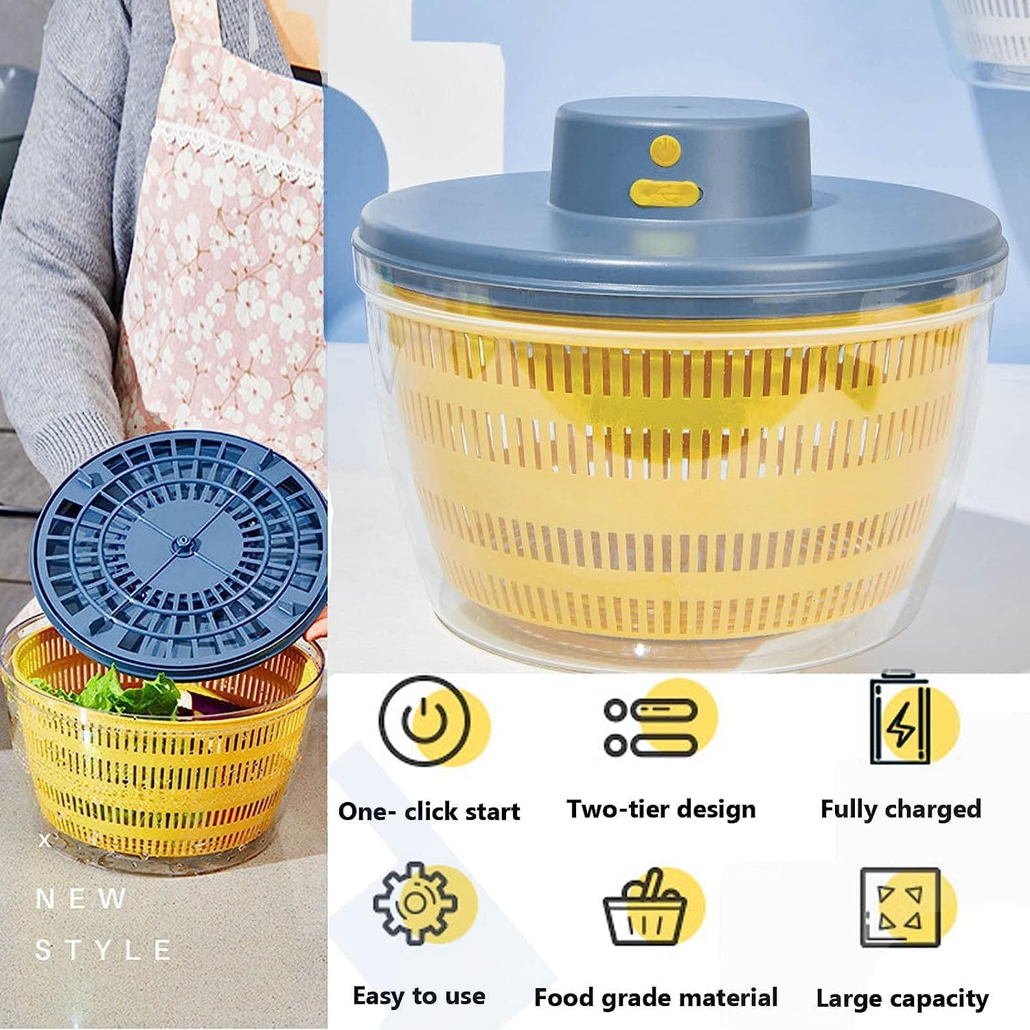 Girador eléctrico de ensalada de 4.2 cuartos de galón, limpiador de frutas, secadora de verduras, lavadora de frutas con cuenco y colador, mezclador