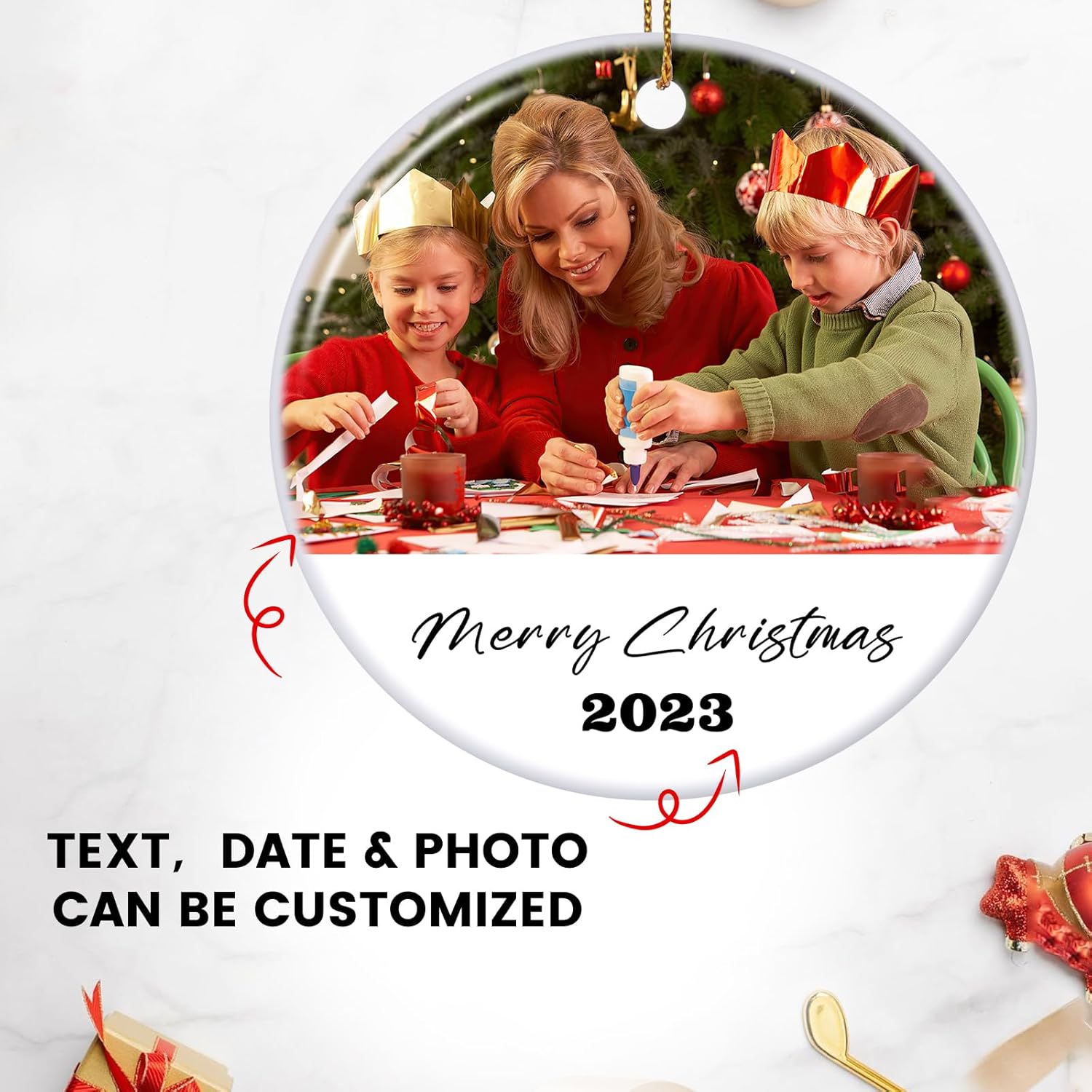Adorno de Navidad personalizado 2023, adorno colgante con texto fotográfico personalizado, regalo de recuerdo para decoraciones de árbol de Navidad,
