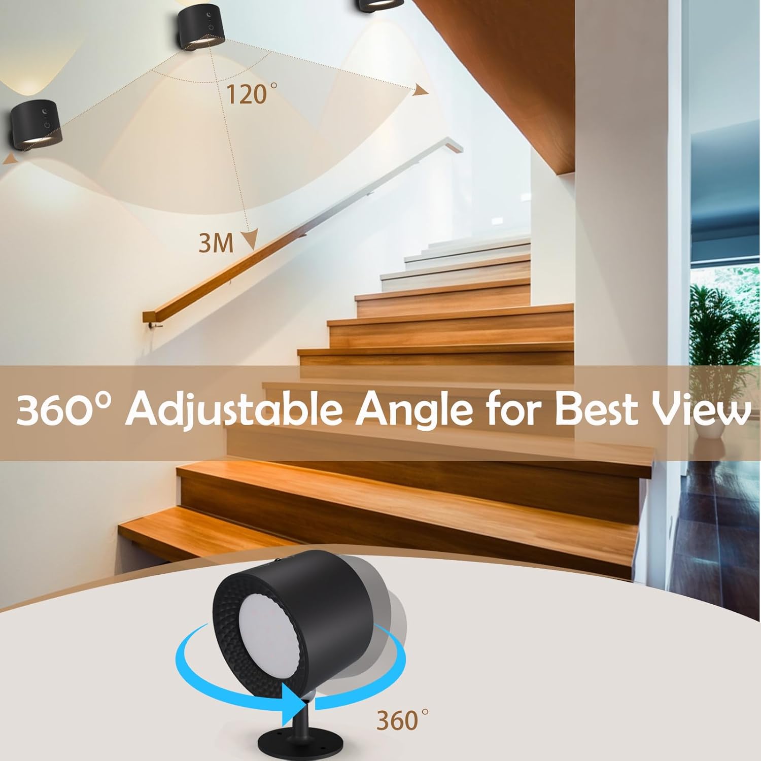 Aplique de pared LED arriba y abajo doble lámpara con 4 brillo regulable, 3 colores, bola magnética extraíble inalámbrica de rotación de 360,
