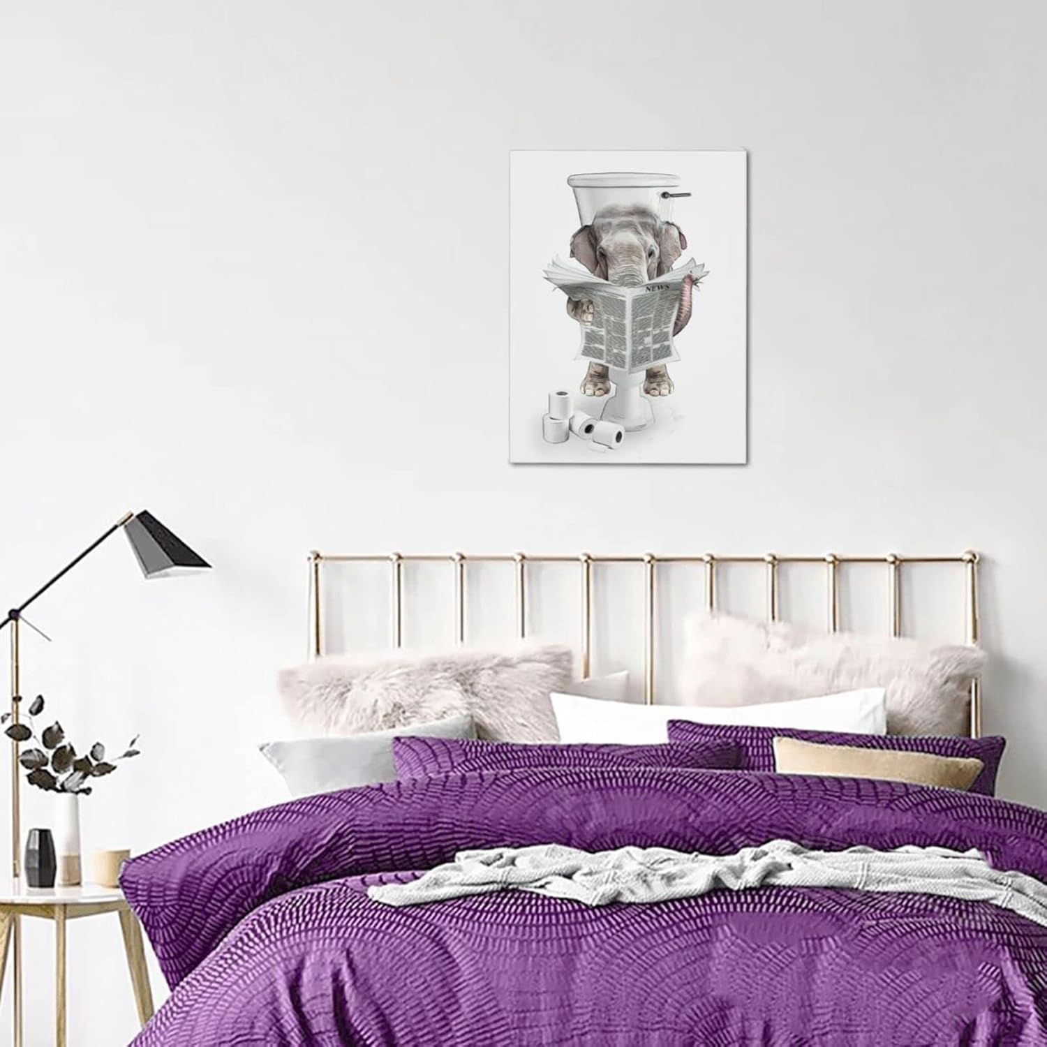 Arte de pared de baño de moda, arte de pared en blanco y negro, animales divertidos, elefante, decoración de pared para baño, dormitorio, sala de