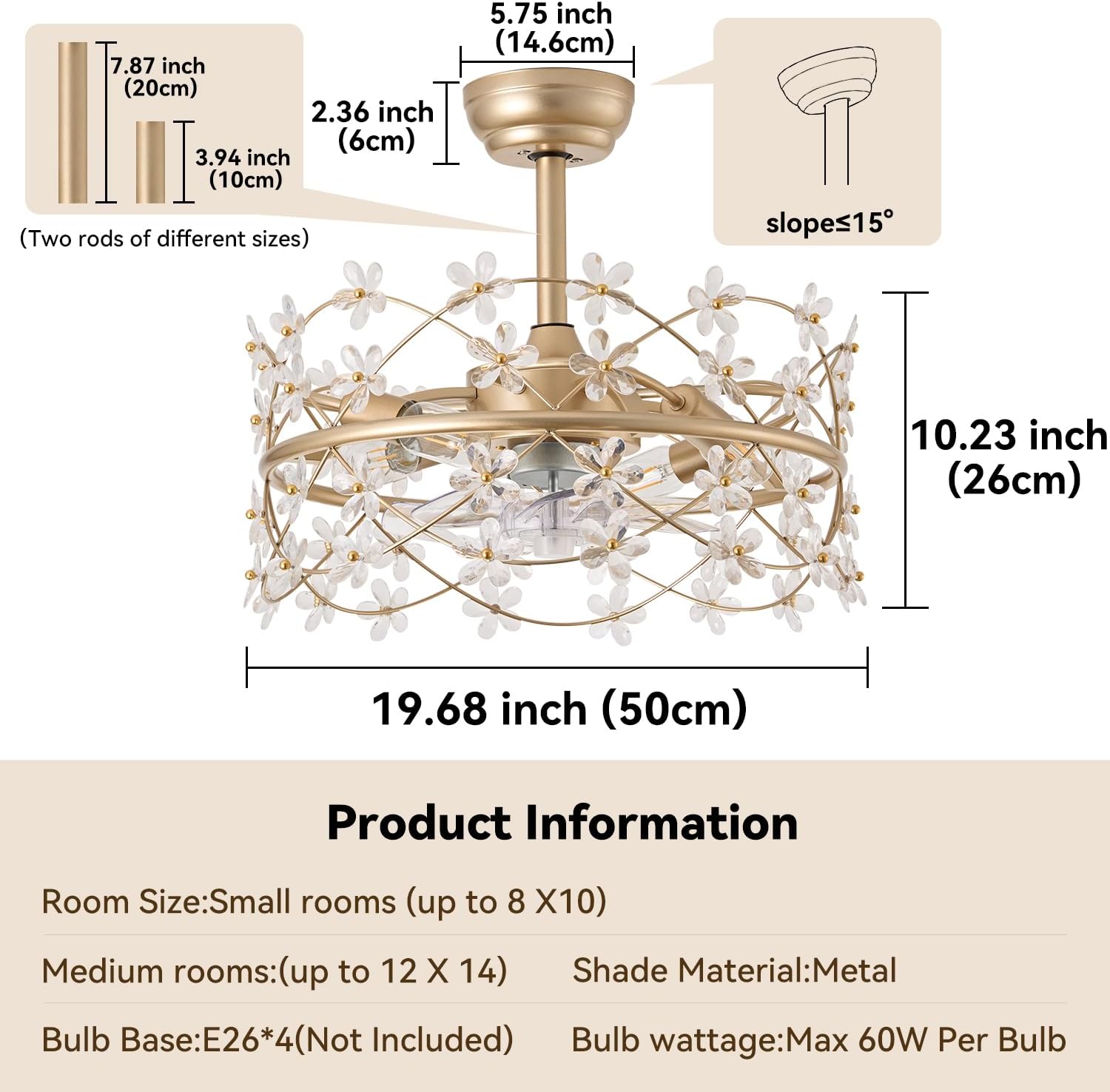 Ventilador de techo enjaulado dorado de 20 pulgadas con luz, ventilador de techo de araña de flores con control remoto de luces, lámpara de cristal
