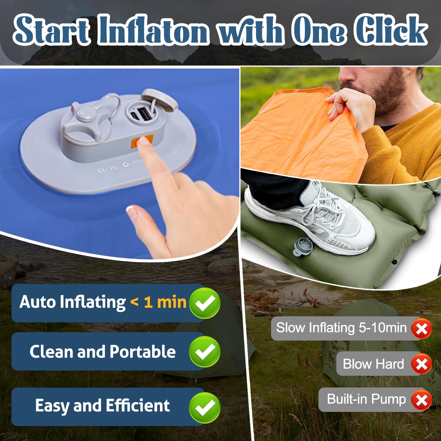 JOSEN Colchoneta eléctrica para campamento, colchón inflable automático para campamento, tamaño Queen de 75 x 55 pulgadas, doble colchón de