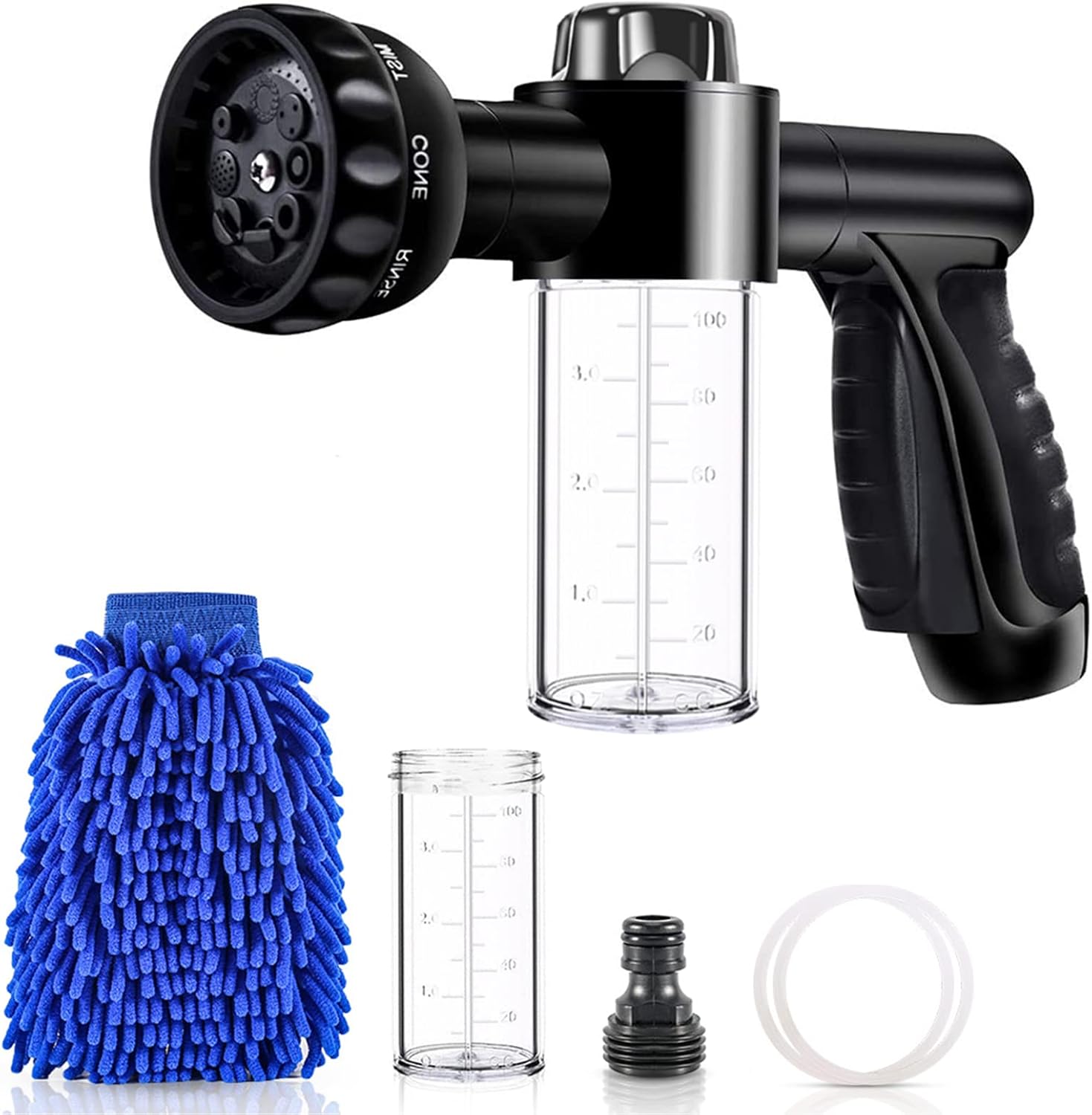 Boquilla de lavado de autos, boquilla de manguera de alta presión, pulverizador de 8 patrones de manguera con 2 dispensadores de jabón de 3.5 onzas