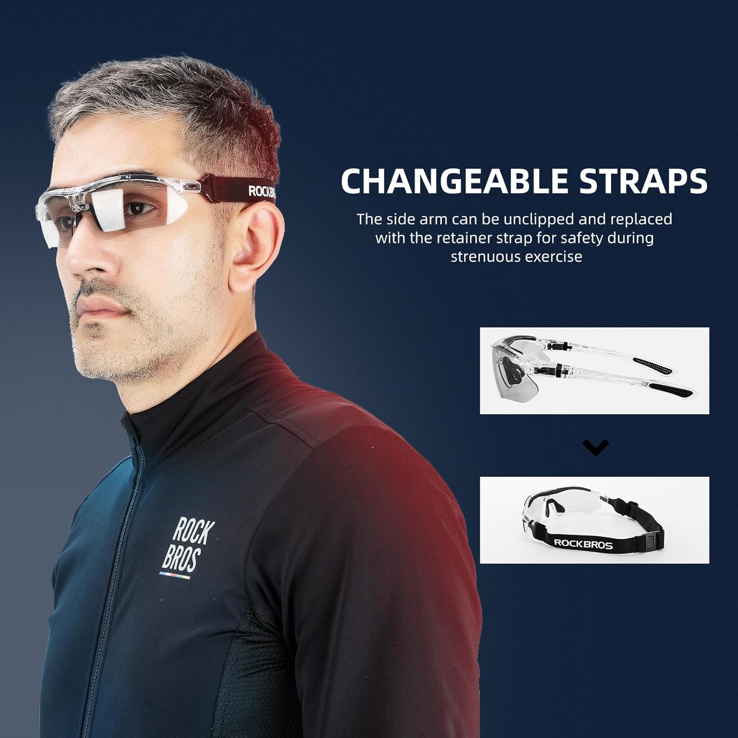 ROCKBROS Gafas de sol deportivas fotocromáticas para hombre, gafas de sol de ciclismo MTB, con banda elástica extraíble