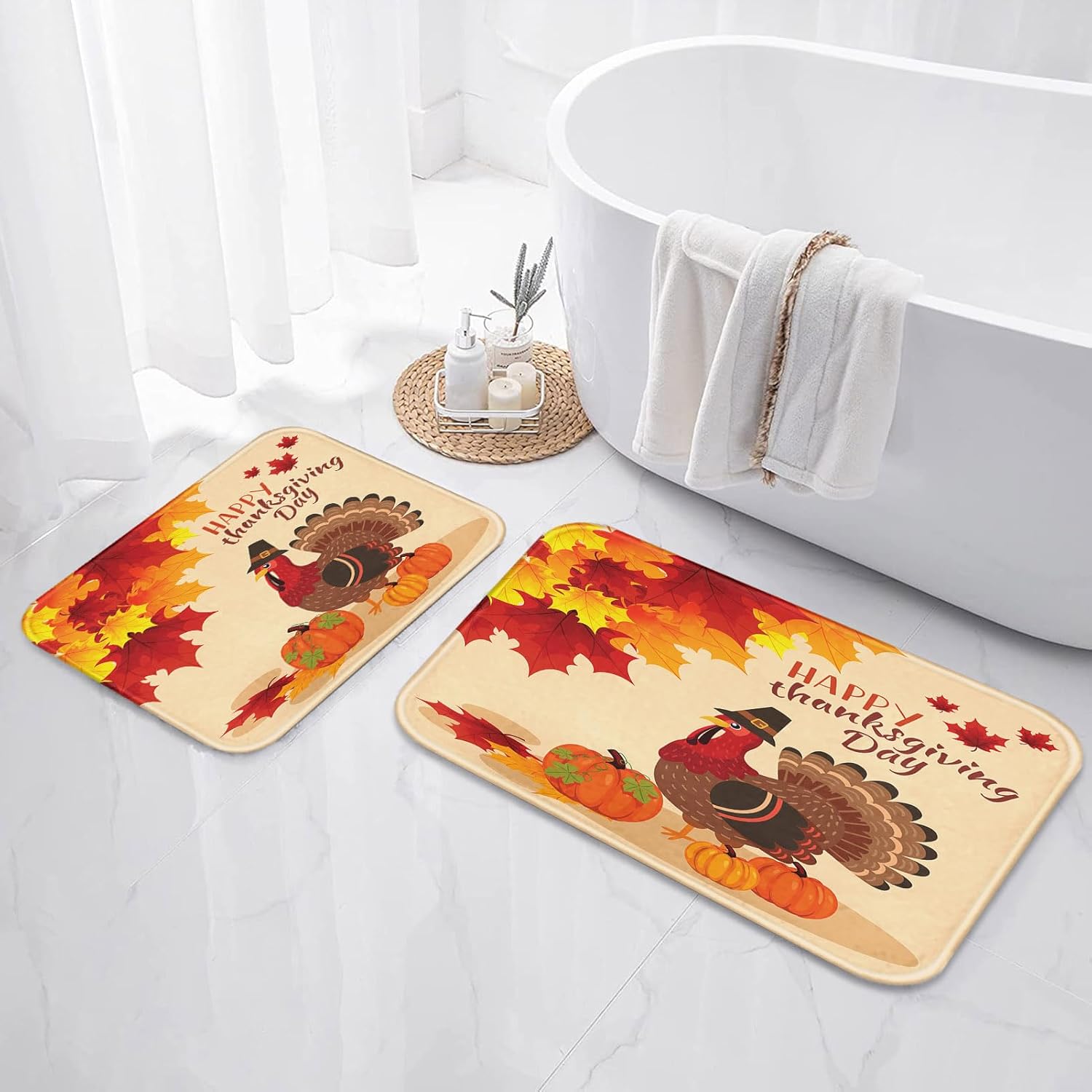 ArtSocket Juego de 2 alfombras y tapetes de baño de calabaza de pavo, antideslizantes, tapete de baño de microfibra absorbente de otoño de arce de