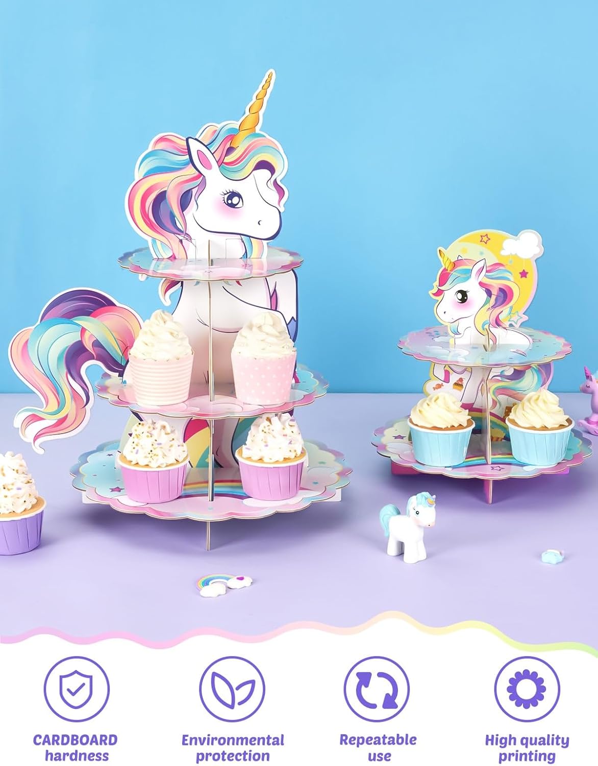 WERNNSAI Soporte para cupcakes de unicornio  2 soportes de unicornio para tartas de unicornio arco iris, decoración de cupcakes, bandeja desechable