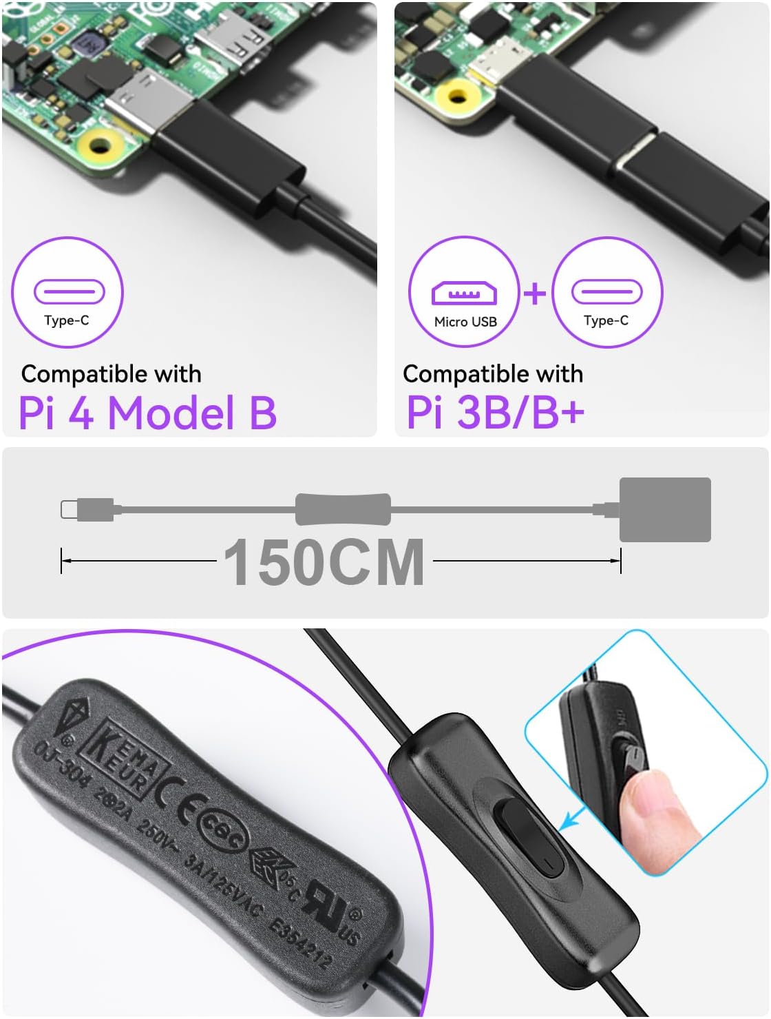 Smraza Fuente de alimentación de 5V 4A 20W compatible con Raspberry Pi 4 Modelo B 8GB 4GB 2GB 1GB, fuente de alimentación tipo C con interruptor de