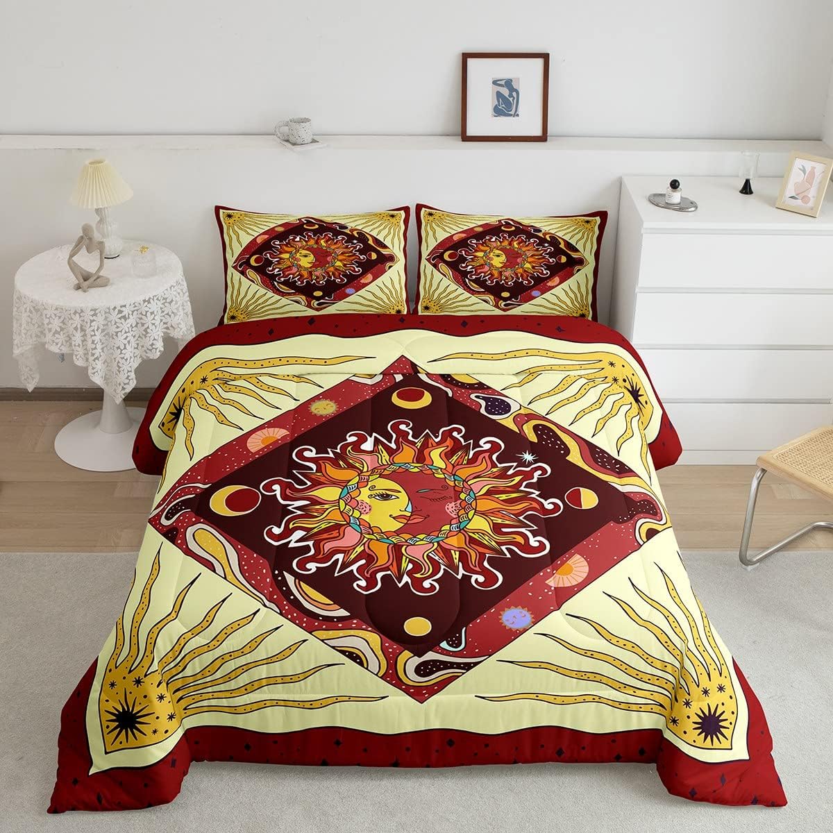 Sun Moon – Juego de edredón para niños, tamaño Queen, juego de ropa de cama psicodélico de cielo estrellado y galaxia, decoración de habitación de