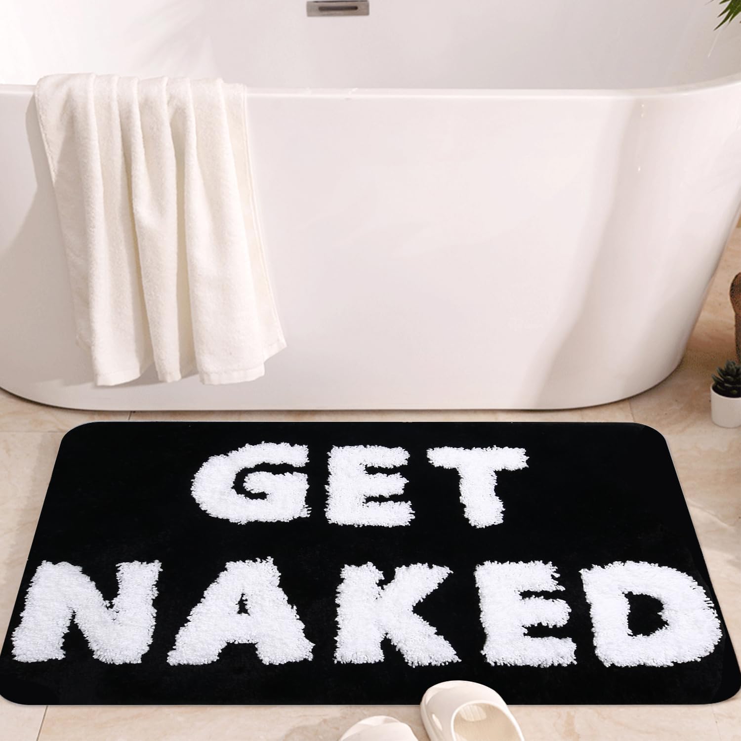 Hi Space Alfombra de baño con texto en inglés Get Nake, de 30 x 20 pulgadas, divertida, antideslizante, absorbente, de microfibra suave, color