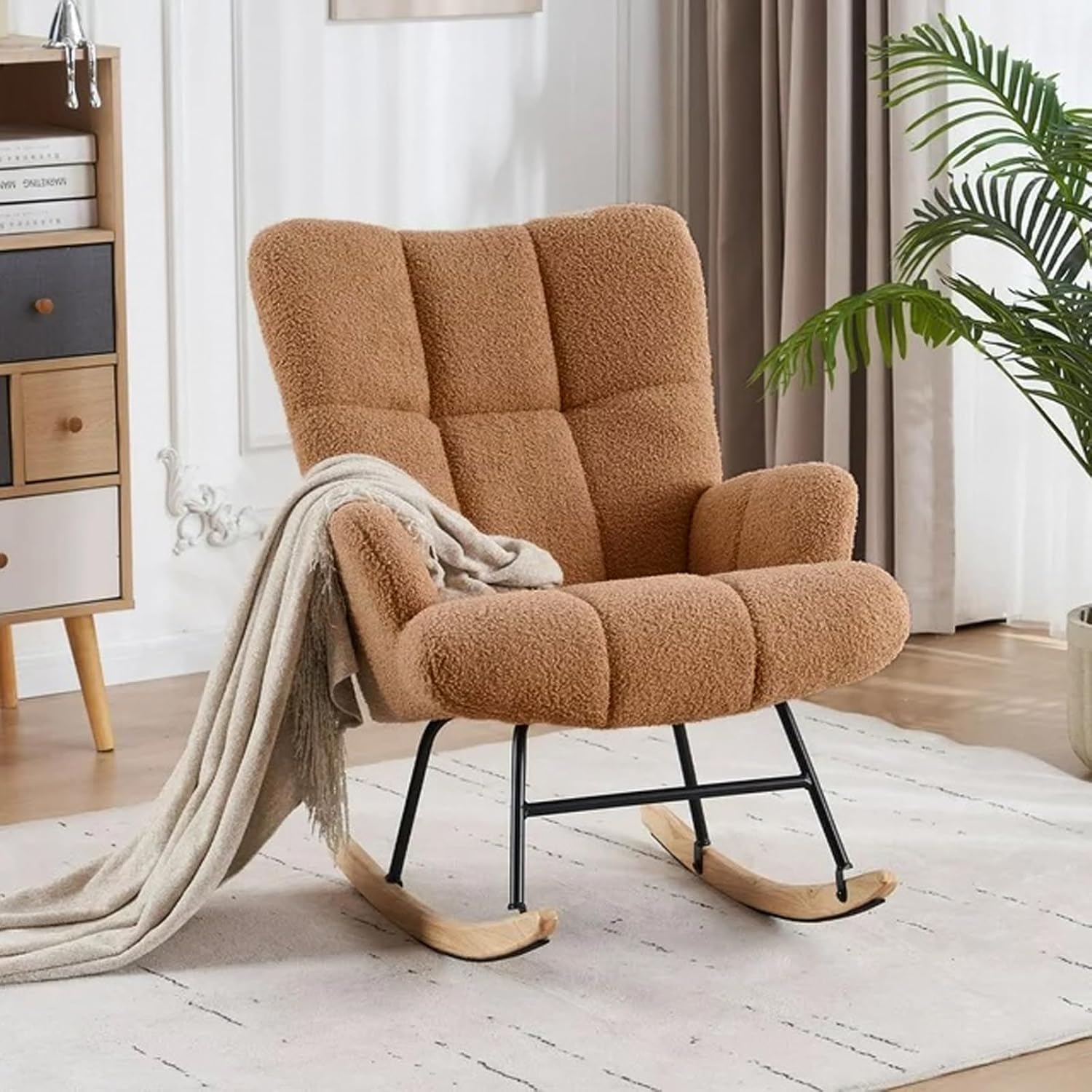 Mecedoras para guardería, cómoda silla deslizadora tapizada de peluche, con respaldo alto, reposabrazos, base de madera maciza y bolsillo, sillas