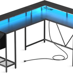Eivanet Escritorio para juegos en forma de L con tomas de corriente y luces LED, escritorio para computadora con soporte para monitor y estante de Eivanet Escritorio para juegos en forma de L con tomas de corriente y luces LED, escritorio para computadora con soporte para monitor y estante de