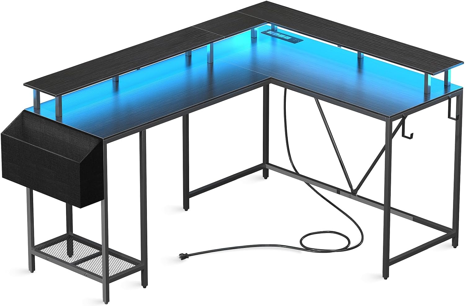 Eivanet Escritorio para juegos en forma de L con tomas de corriente y luces LED, escritorio para computadora con soporte para monitor y estante de
