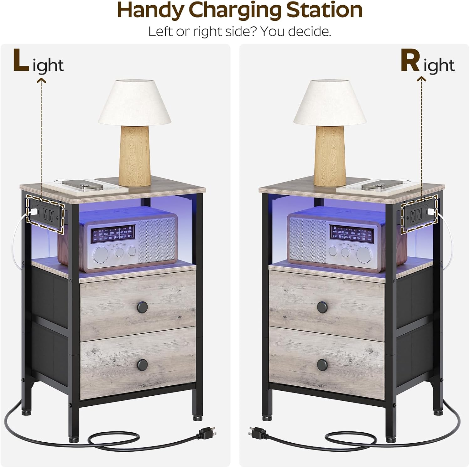 YATINEY Mesitas de noche con estación de carga, mesita de noche con luces LED, mesa auxiliar con 2 cajones no tejidos, mesa auxiliar para