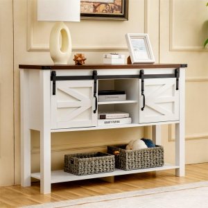 GAZHOME Mesa de entrada con puertas correderas de granero, mesa consola de granja de 46 pulgadas con almacenamiento, mesa de sofá rústica con GAZHOME Mesa de entrada con puertas correderas de granero, mesa consola de granja de 46 pulgadas con almacenamiento, mesa de sofá rústica con