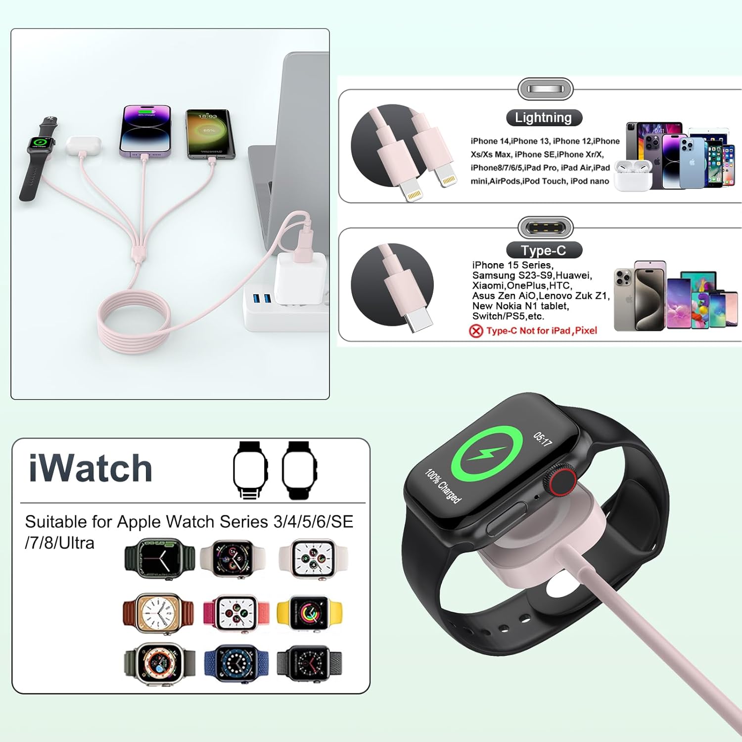 Certificado MFi Cable de carga 4 en 2 para iWatch y teléfono, cargador 3 de 10 pies3M para iPhone Watch, cable de carga rápida, cargador de viaje