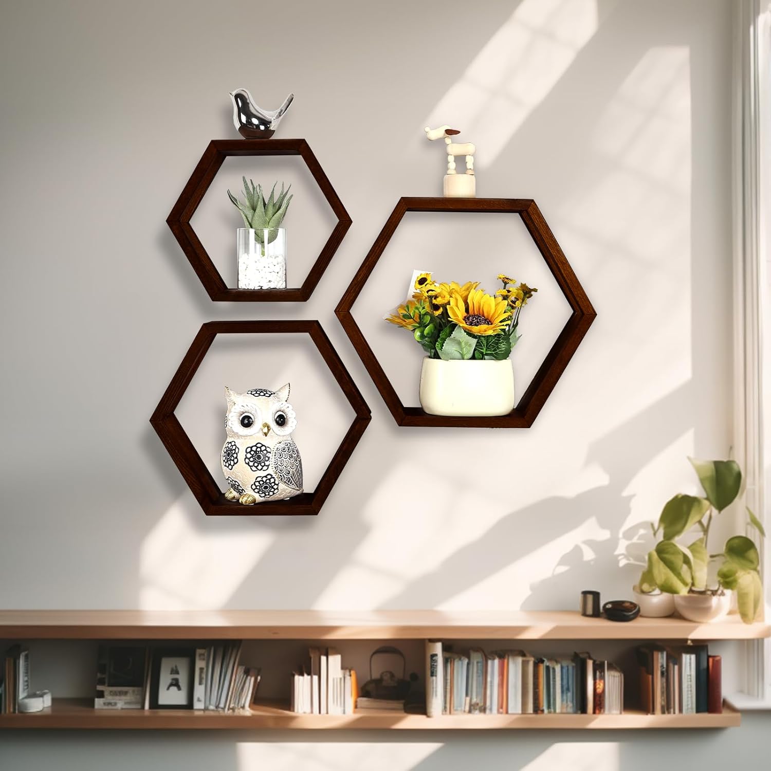 YLYHSST Juego de 3 estantes flotantes hexagonales, estantes de madera de panal para almacenamiento en la pared, estante decorativo para dormitorio,