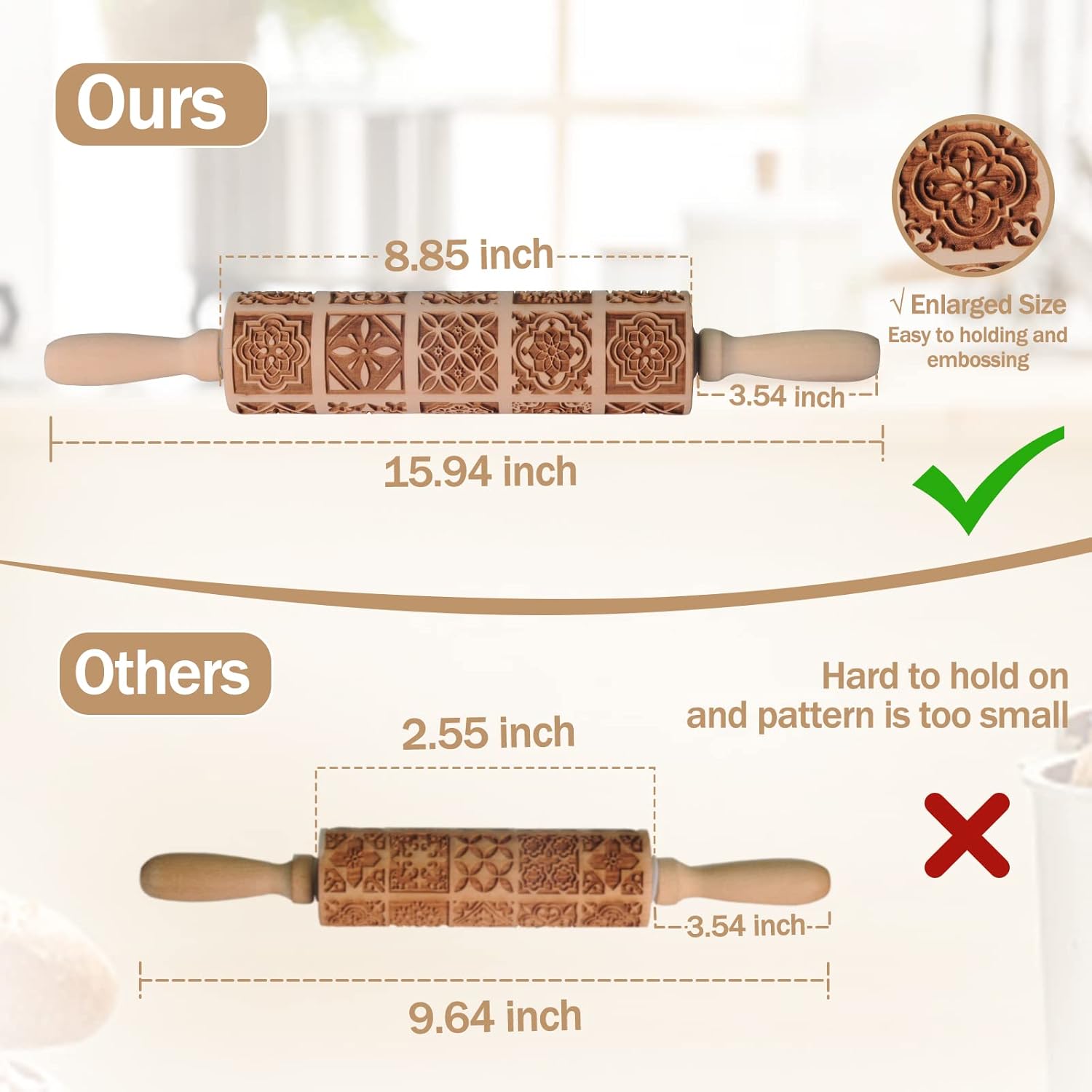 Embossed Rolling Pin, OLETNY Large Wood Textured Roller for Baking, Cookies, Decorative Pattern Rolling Pins, Christmas Gifts for Mother,