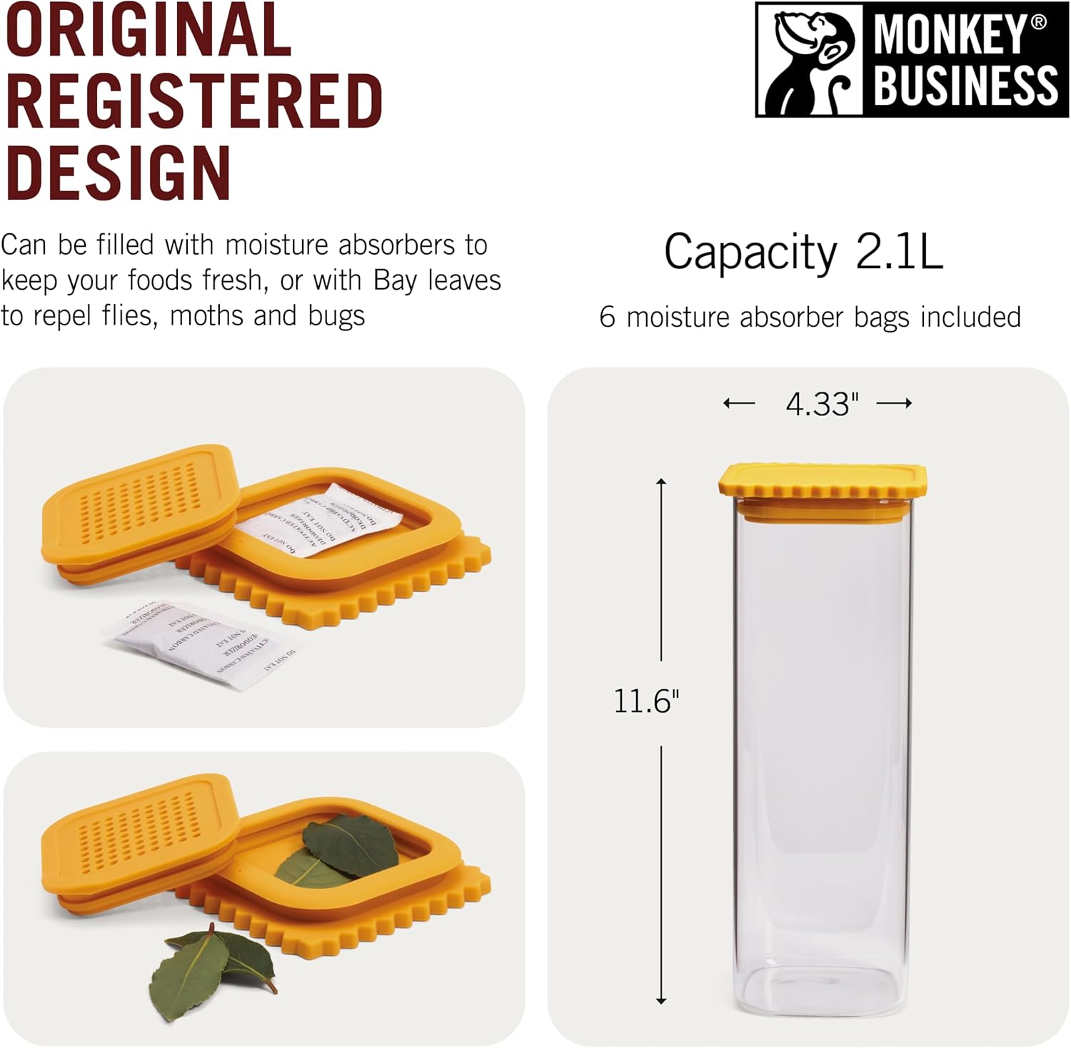 Monkey Business GLASTA Recipiente de vidrio para alimentos con tapa hermética, tarro de almacenamiento de alimentos de vidrio transparente con tapa