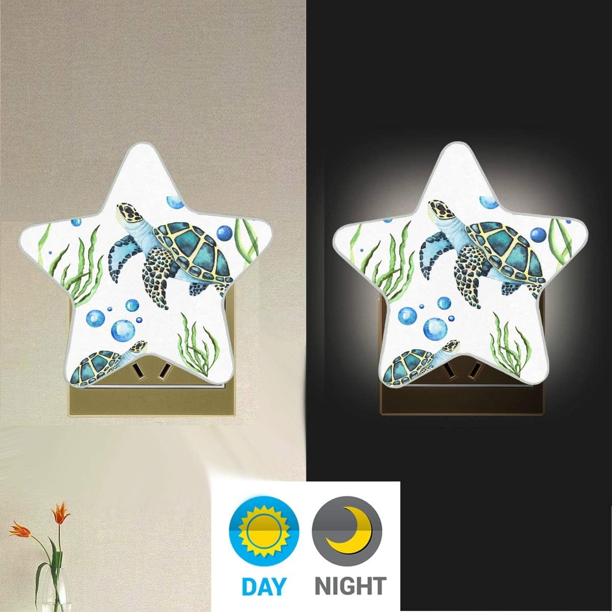 Lámpara de luz nocturna LED con enchufe de tortugas marinas en acuarela con sensor de atardecer a amanecer para pasillo, cocina, baño, dormitorio,