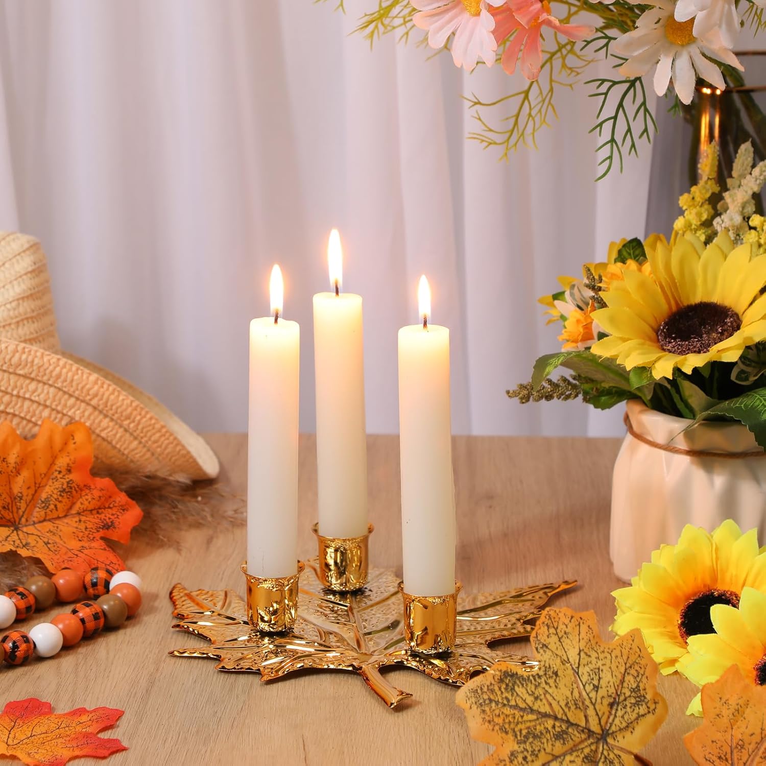 Juego de 2 portavelas de otoño de Acción de Gracias, centro de mesa de arce, decoración de mesa de otoño, centro de mesa de cosecha de otoño con 6