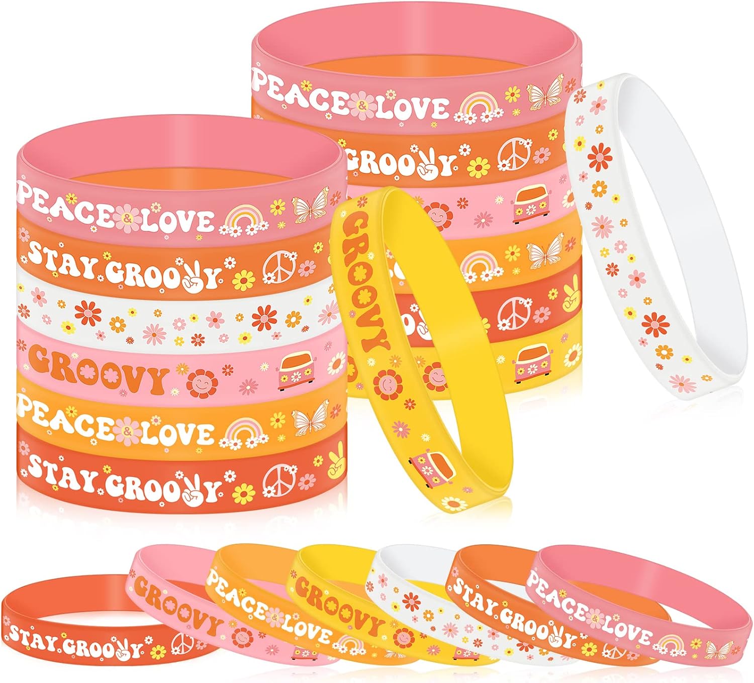 Hippie Boho Silicone Bracelets Stay Groovy Wristbands Retro Hippie Rainbow Bracelets Daisy Flower Peace Sign Wristbands for Girl Kid Boho Two Groovy
