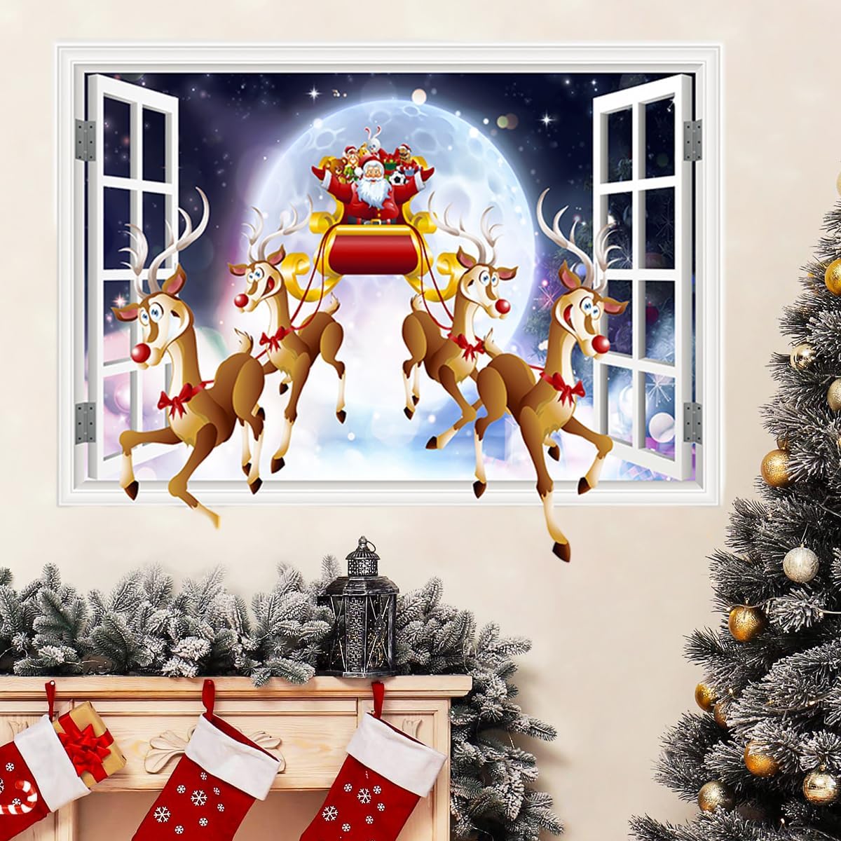 Calcomanías de pared de Navidad 3D, calcomanías de pared de Navidad de renos de Papá Noel, removibles, calcomanías de pared de Navidad para Navidad,