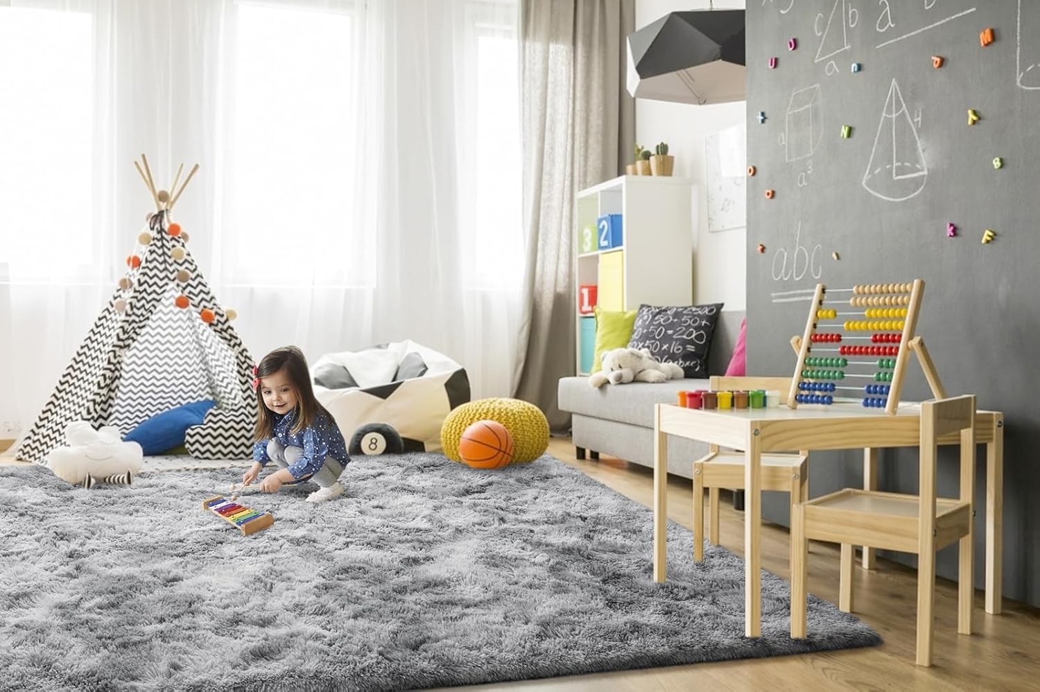 TWINNIS Alfombras grandes de pelo largo de 6 x 9 pulgadas para sala de estar, dormitorio, teñido anudado gris claro, alfombras de felpa súper suaves