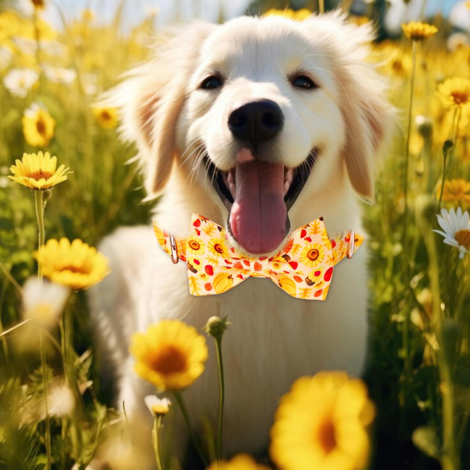 Collar de girasol para perro con elegante pajarita, collar de cachorro naranja ajustable, patrón floral, elegante y encantador, accesorio para