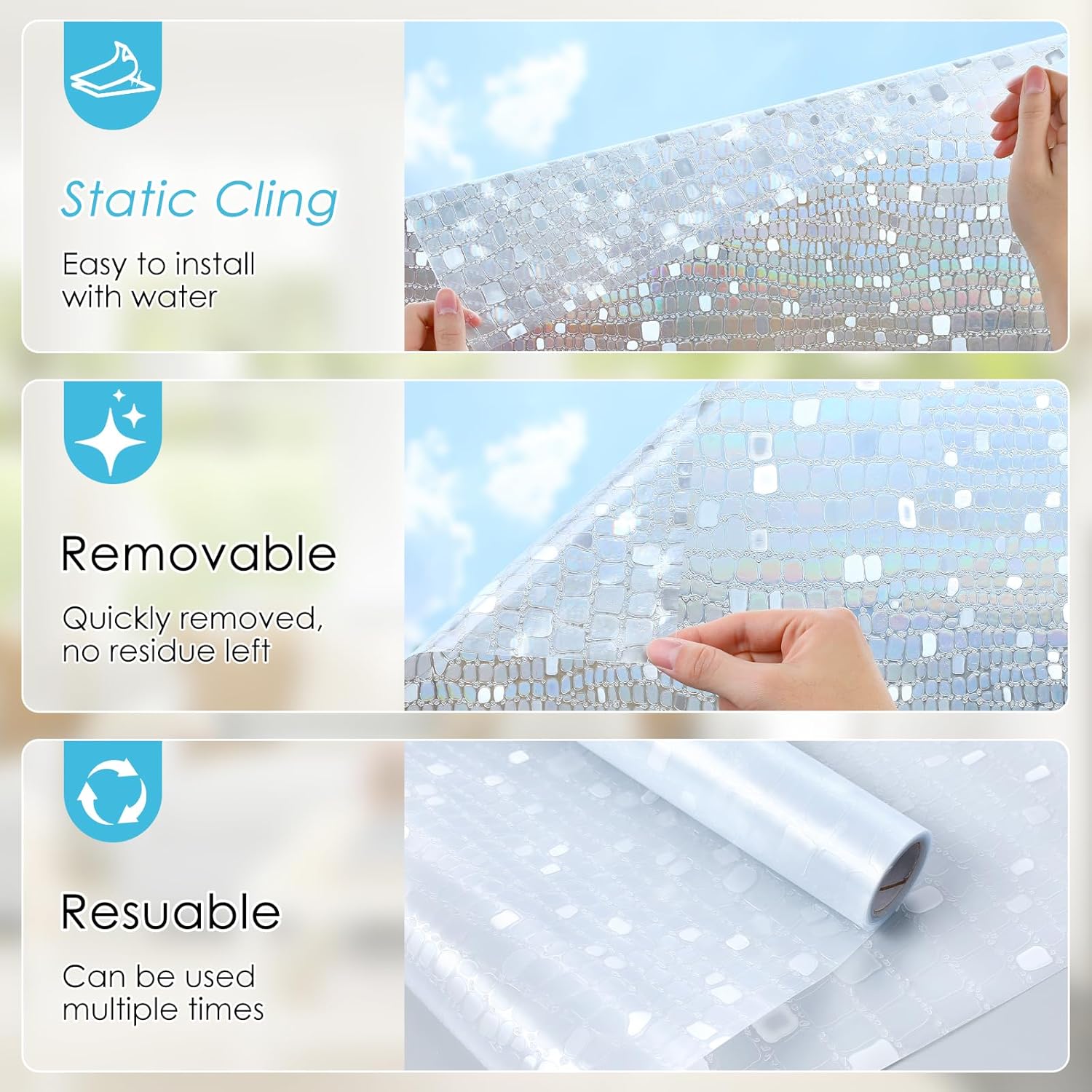 rabbitgoo Película decorativa de privacidad para ventana, diseño de arco iris, adhesivo 3D para ventana, bloqueo solar anti-UV, control de calor,