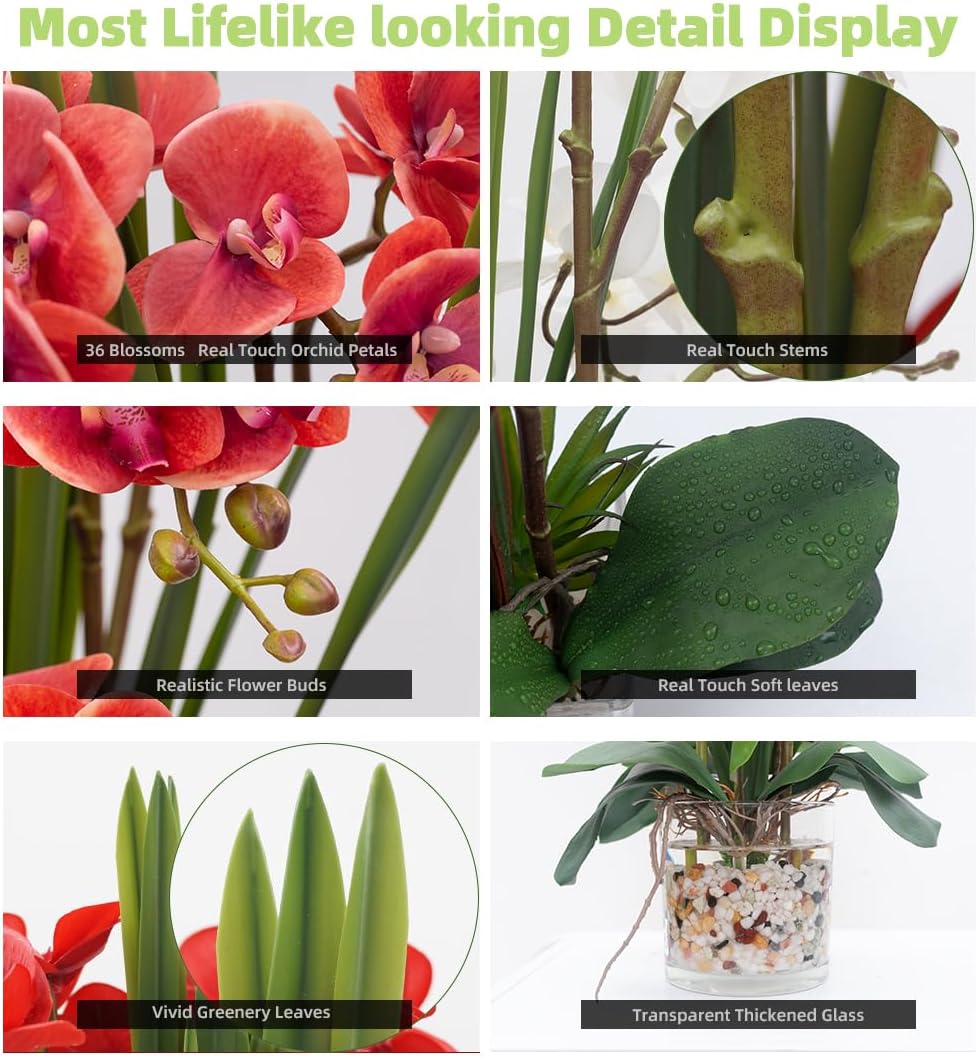 Orquídea artificial  Orquídeas artificiales de tacto real con jarrón de vidrio en agua sintética  Orquídea falsa realista  Arreglos florales fucsia