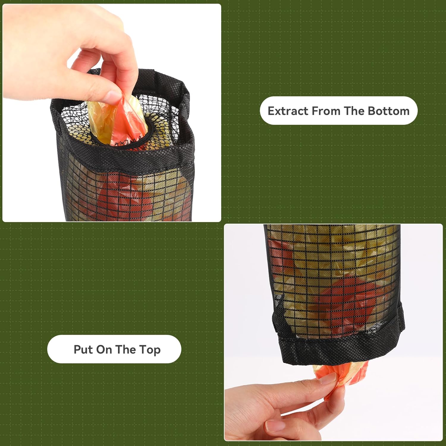 Soportes para bolsas de plástico, dispensador de bolsas de almacenamiento colgantes de malla, soporte de bolsa de plástico para bolsas de