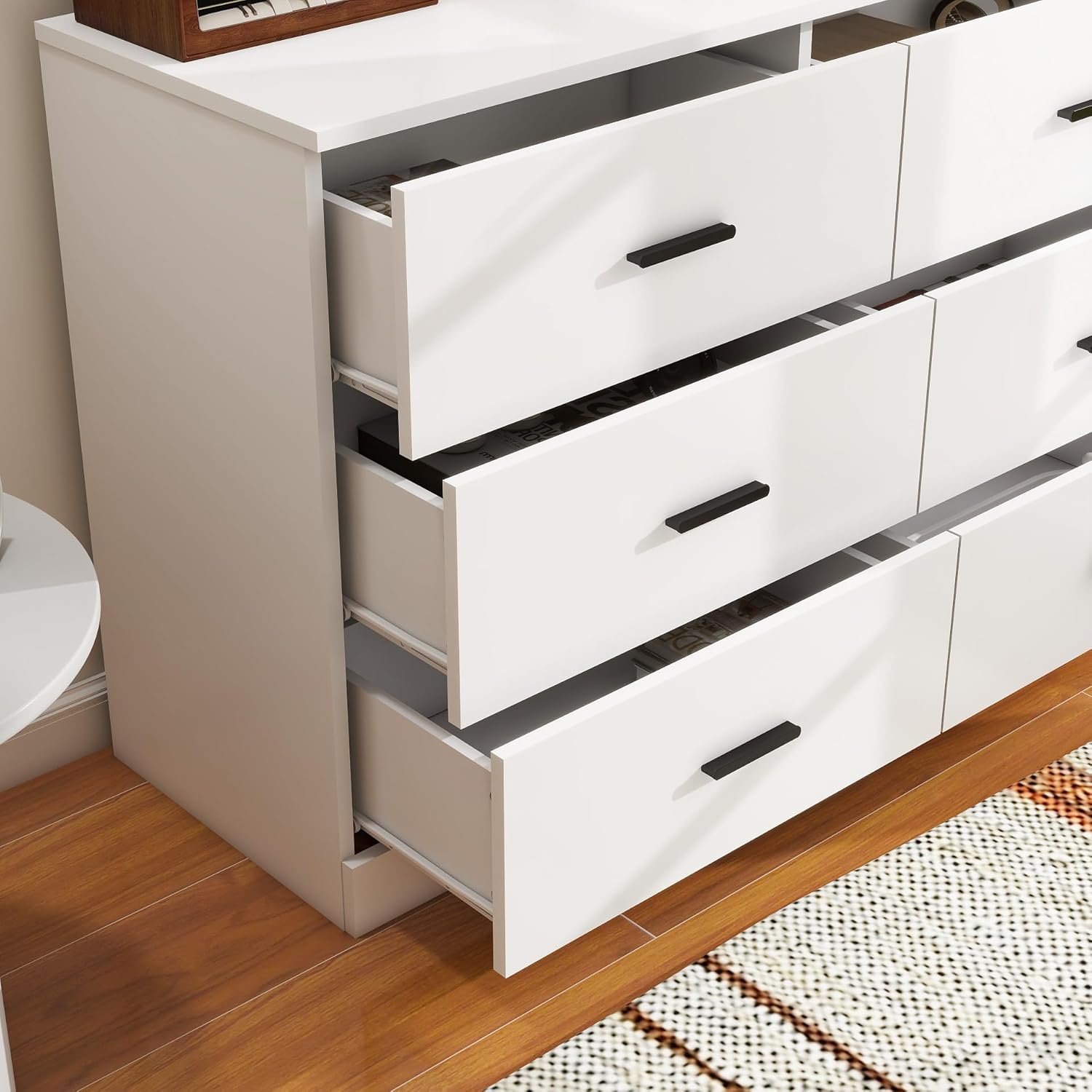 Cómoda moderna de 6 cajones para dormitorio, cómoda ancha de madera para almacenamiento en el suelo, organizador de cajones laterales con asas de