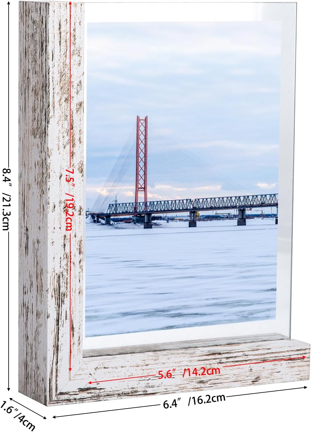 Lavezee Juego de 2 marcos de fotos de 5 x 7, marco de doble cara con soporte vertical horizontal en forma de L blanco envejecido para arte