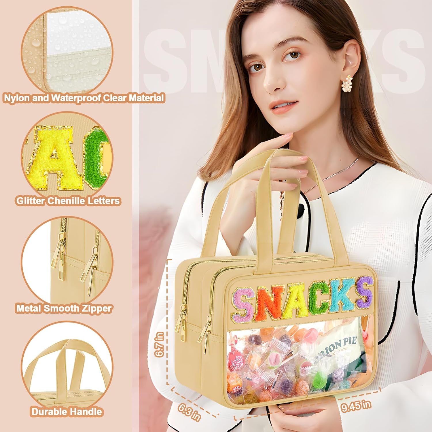 Bolsa de maquillaje transparente con letras de chenilla, bolsa de cosméticos de preparación con cremallera, bolsa de cosas impermeable para