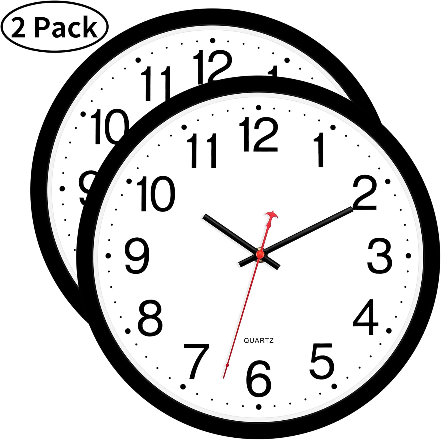 Foxtop Paquete de 2 relojes de pared negros, 12 pulgadas, silencioso, sin tictac, de cuarzo, funciona con pilas, reloj de pared analógico redondo