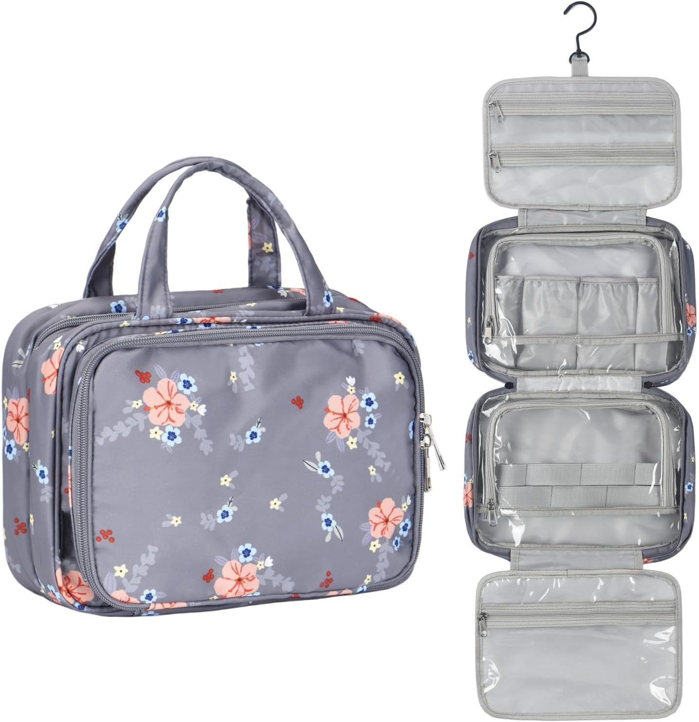 Neceser para mujer, bolsa de maquillaje de viaje colgante grande, resistente al agua para artículos de tocador, cosméticos, cepillos, Flor gris-V2,