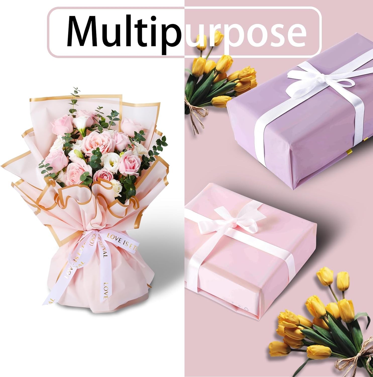Ramo de papel de regalo de flores rosas con diseño de borde dorado, estilo de papel coreano, papel de regalo de ramo impermeable, papel de regalo,