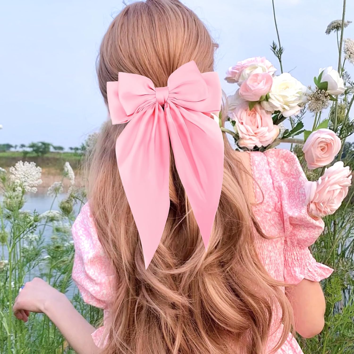 Zkptops 4 pinzas para el pelo con lazo para mujeres y niñas, cinta de satén sedosa rosa y blanca, soporte largo para cola de caballo grande,