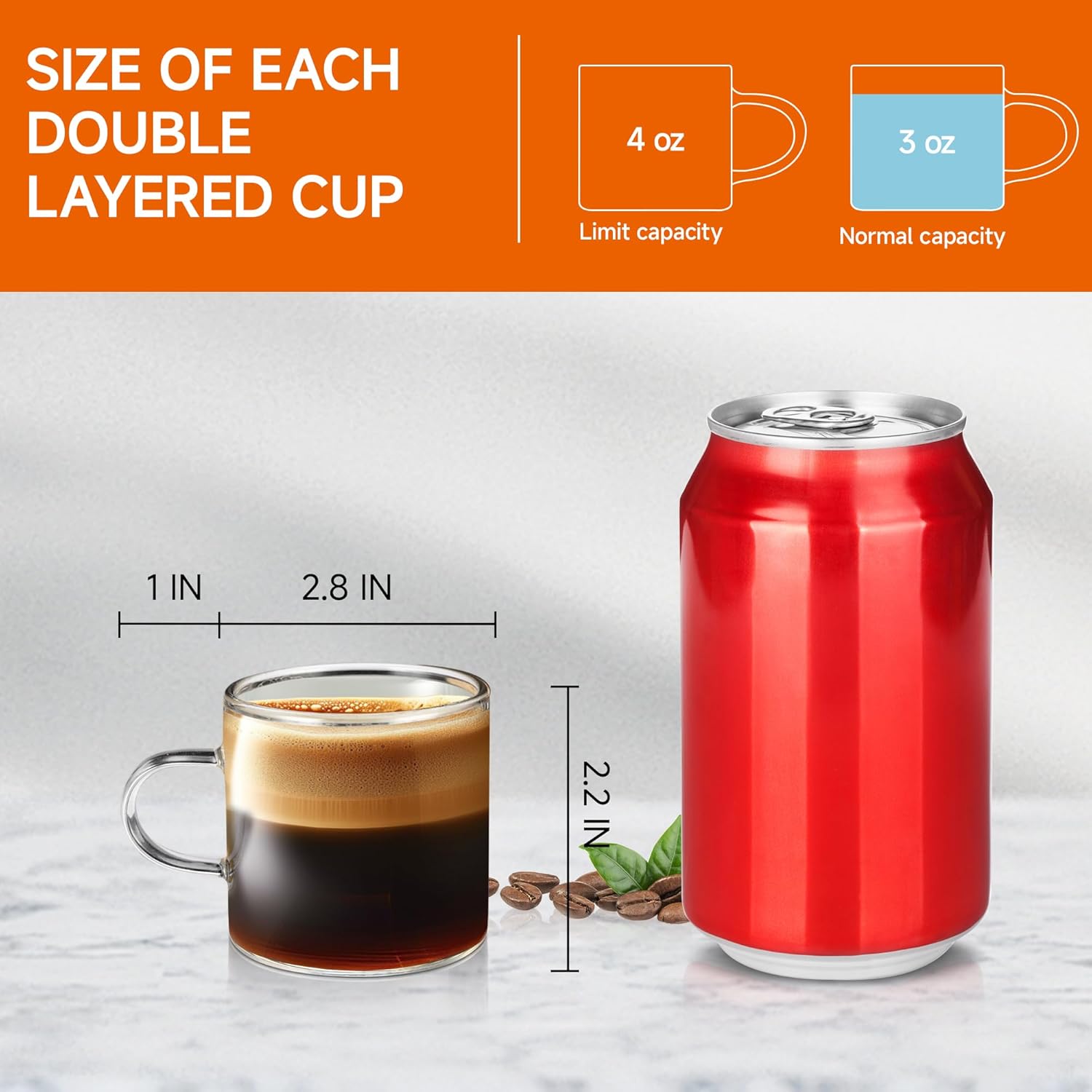 Paquete de 6 tazas de café espresso de 4 onzas con asa, tazas de café pequeñas de vidrio, tazas de café de expreso, tazas demitasse para café con