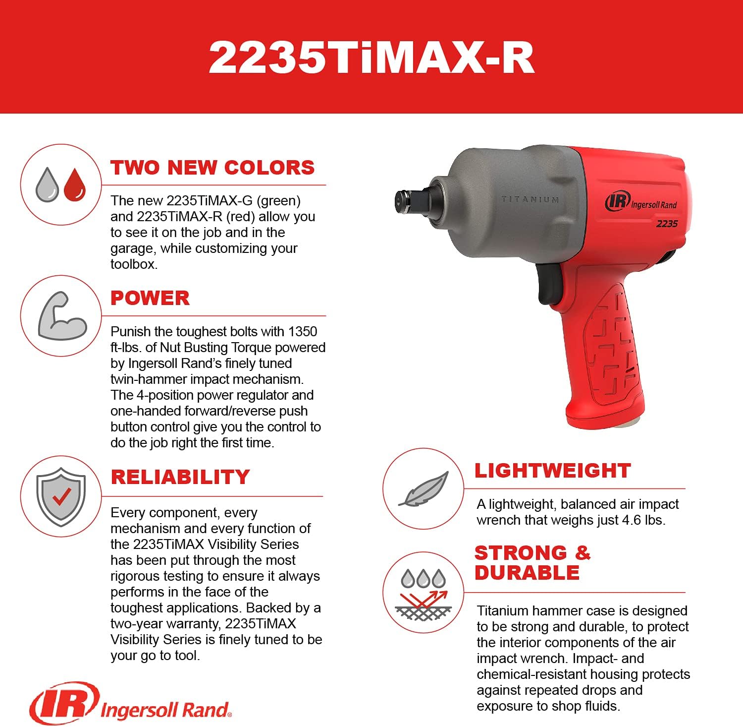 Ingersoll Rand 2235TiMAX-R Llave de impacto neumática de 12 pulgada, color rojo y llave de impacto neumática de 34 pulgadas 2145QiMAX de 34
