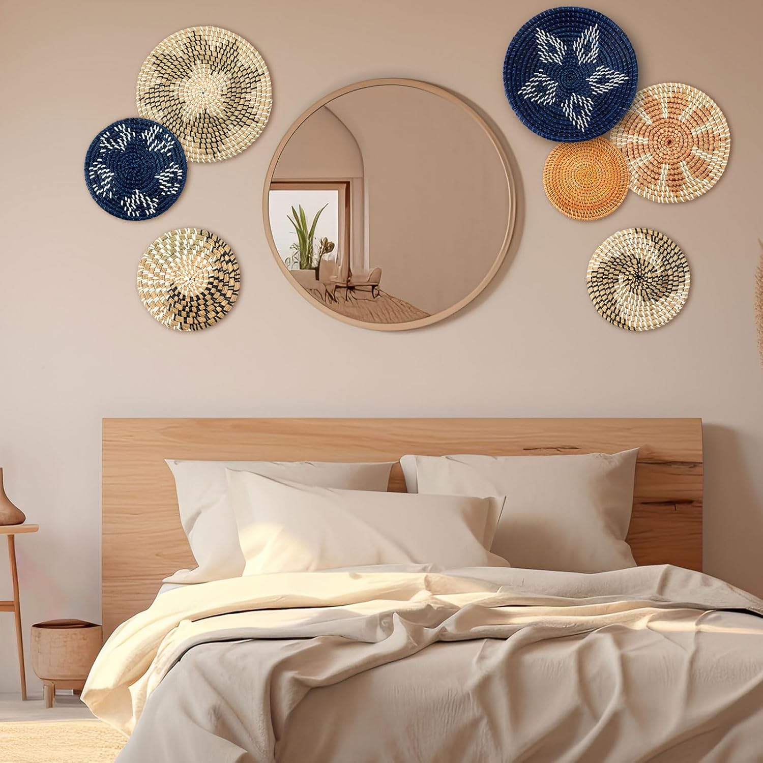 Xuhal Juego de 8 cestas de pared tejidas colgantes hechas a mano, decorativas, rústicas, bohemias, decoración de pared hecha a mano de mimbre