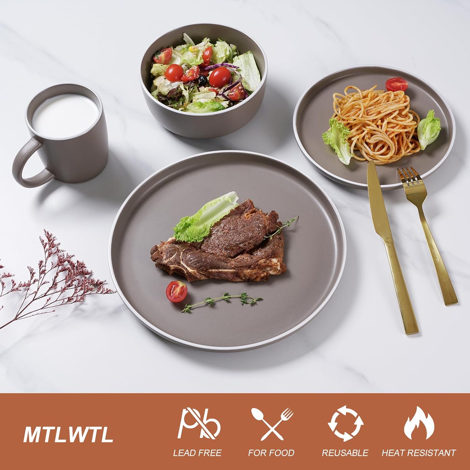 MTLWTL Juego de platos y cuencos para 4, juegos de vajilla con plato, cuencos y tazas de marca, juego de vajilla de cocina redondo, juego de platos