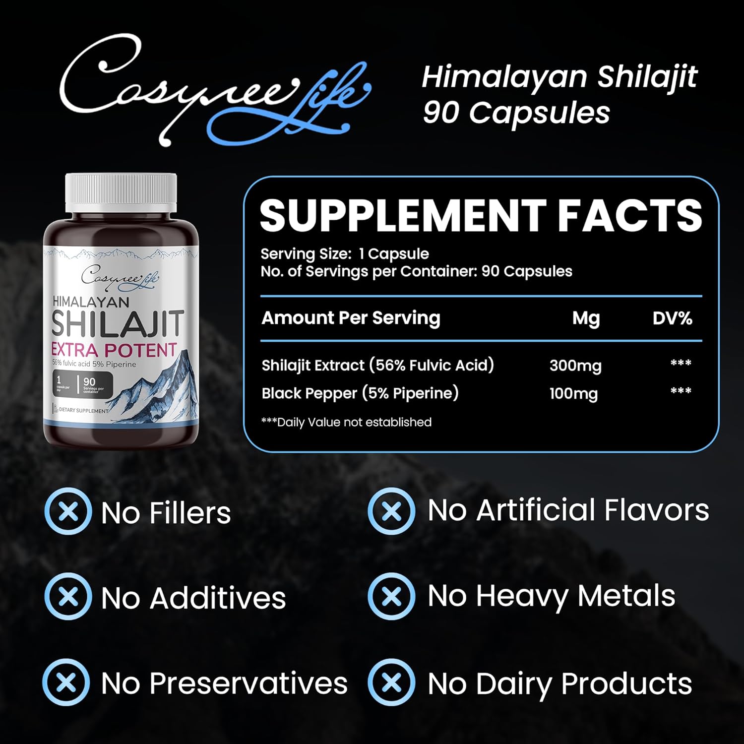 SHILAJIT – Himalaya puro, natural, orgánico, 90 unidades, 5% piperina, 56% ácido FULVIC para máxima potencia, más de 85 oligominerales, metabolismo,