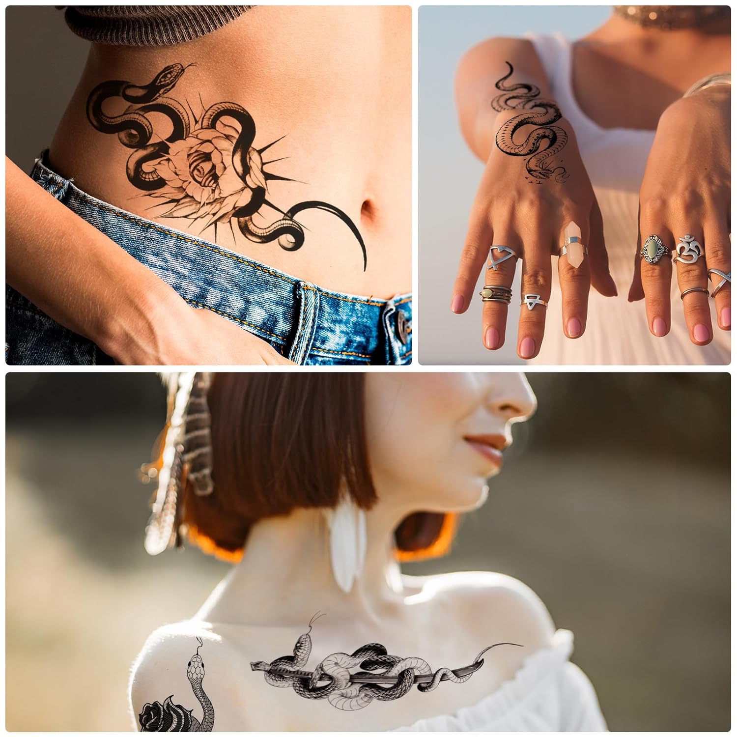 Demissle 50 hojas de tatuajes temporales realistas de serpiente negra en 3D, espadas florales, tatuajes de serpientes falsas, tatuajes de serpiente