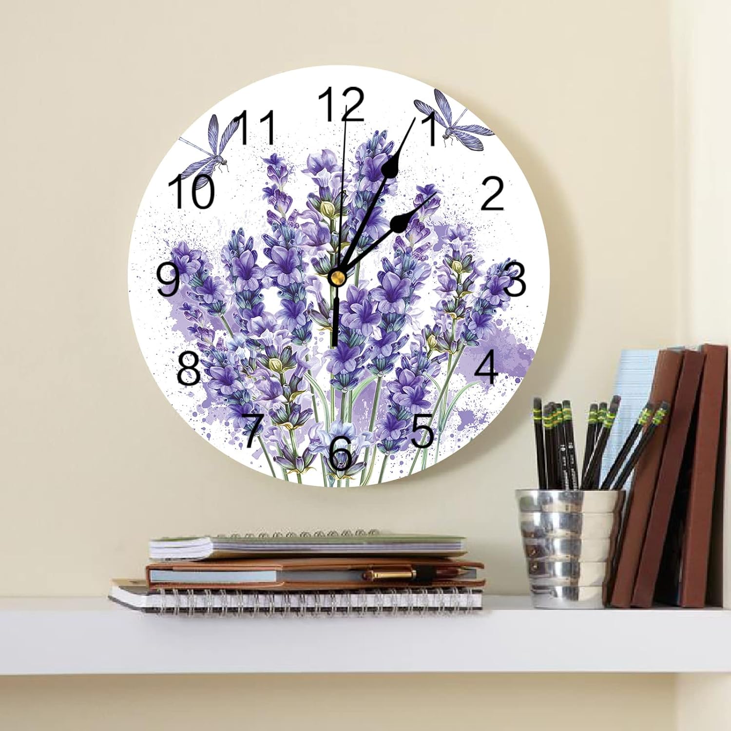 Reloj de pared de PVC con flores de lavanda, silencioso, sin tictac, funciona con pilas, reloj redondo para el hogar, sala de estar, oficina,